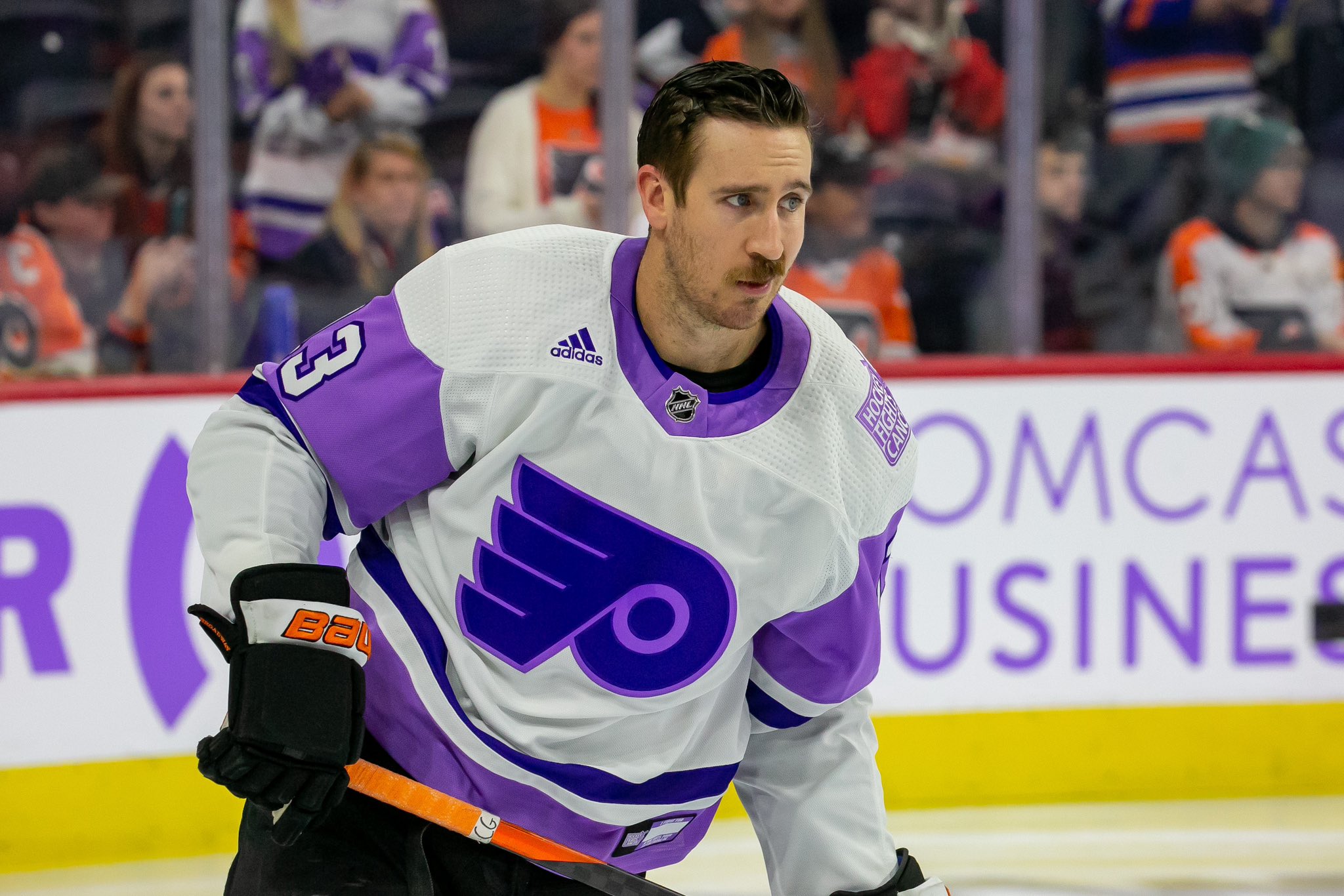 Philadelphia Flyers Wearing Purple Hockey Fights Cancer Jerseys in
